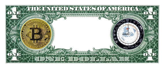 Bitcoin, Dollars, Clock, time circulating around the world U.S.A. 1 dollar border with empty middle area. Clear One dollar side banknote pattern for your picture or text.
