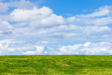 Green grass background showing an horizon of cumulous fluffy clouds with a blue sky in an agricultural pasture field, stock photo image with copy space