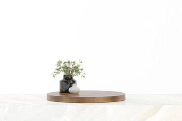 Wooden product display podium with nature leaves, cosmetic bottle on white background. Minimal mockup concept for product presentation. Trendy 3d render for social media banners, promotion, studio