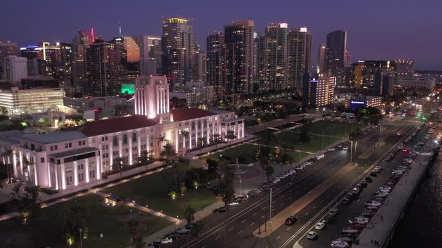 Aerial: Downtown San Diego city skyline at night. California, USA