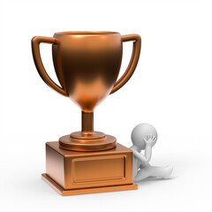 3D Man Disappointed Sitting Down Next to Bronze Trophy
