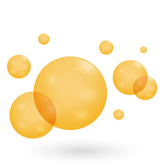 Fizzing air golden bubbles on white background. Golden Oil Bubbles. Realistic Oil Drops, Cosmetic Vitamin Capsules, Collagen Essence, Serum Yellow. Vector