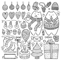 Set of cute hand-drawn Christmas and winter elements isolated on white background.