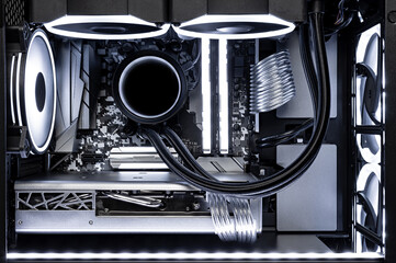 iside view bright illuminated silver metal high end custom LED gaming pc. Computer power hardware...