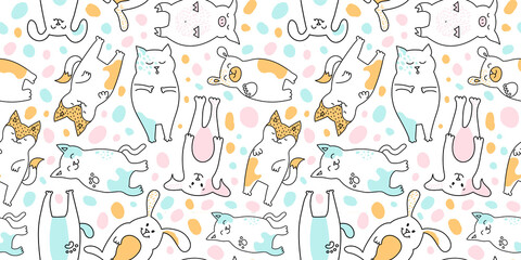 Children seamless pattern of doodles of stylized cute animals. Kitten, dog, pig, fox, bear.