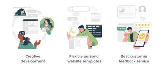 Creative business abstract concept vector illustration set. Creative development, Flexible website templates, Customer service abstract metaphor