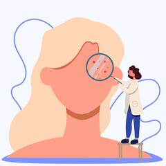 A dermatologist examines a patient. No face
Dermatologist looks through a magnifying glass. Acne, rash. Problem skin. Vector illustration