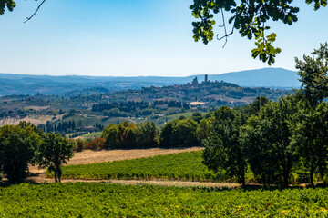 Fototapeta na wymiar The skyline of little ancient town of San Gimignano in Tuscany, along via Francigena