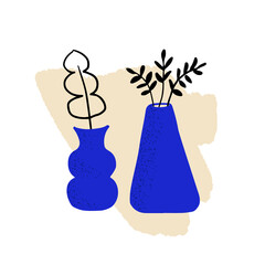 Set of abstract modern vases and plants in modern style. Isolated illustration of pottery. Blue silhouettes