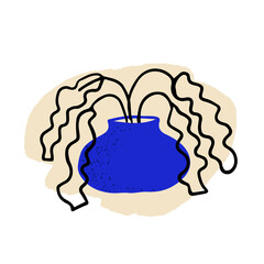 Blue vase and linear plant. Modern style. Isolated vector background. Boho illustration of pottery