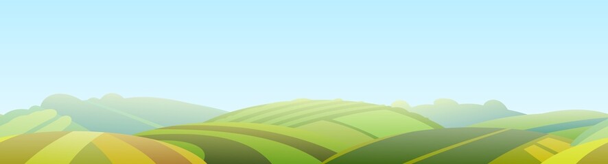 Rural evening landscape with garden farmer hills. Cute funny cartoon design. Horizontally background seamless illustration. Flat style. Vector.