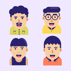 Men flat avatars set with smiling face. Facial expressions. Flat design vector illustration