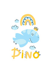 Fototapeta premium Dino baby princess poster with cute lettering. Childish simple scandinavian cartoon doodle style. A comic font ideal for room nursers. Pastel palette.