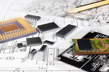 Electronic board, pen, processor and radio components on background of  schematic circuit diagram...