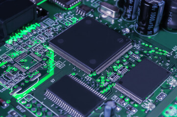 electronic circuit board with passive and active circuit components and IC close-up