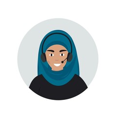 Arab call center. Female operator assistant with headphones. Vector illustration 