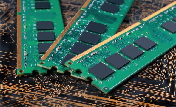 computer memory modules on background of black printed circuit board with golden wires