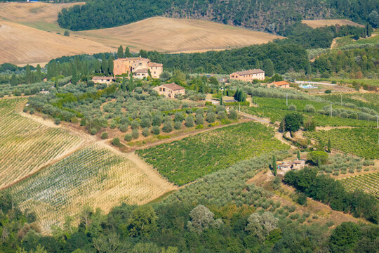 Little ancient town of San Gimignano, Tuscany, from the top of the main Tower