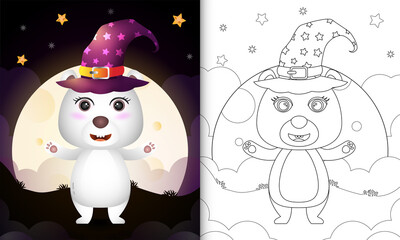 coloring book with a cute cartoon halloween witch polar bear front the moon