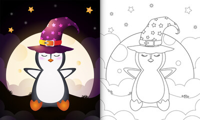 coloring book with a cute cartoon halloween witch penguin front the moon