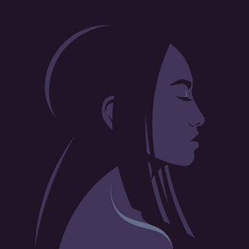 A portrait of an Asian young woman in profile. A fashion model’s head with her eyes closed on a dark background. Side view. Avatar. Vector flat illustration