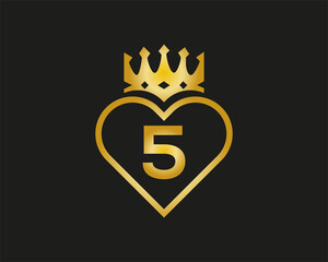 letter 5 Logo with love And Crown Shape golden color  vector template