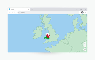 Browser window with map of Wales, searching  Wales in internet.