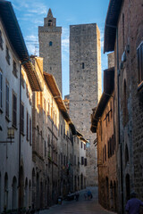 Streets and buildings of little ancient town of San Gimignano, Tuscany, along via Francigena