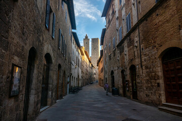 Streets and buildings of little ancient town of San Gimignano, Tuscany, along via Francigena
