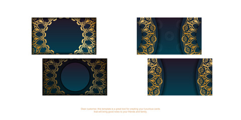 Gradient blue business card template with greek gold pattern for your contacts.