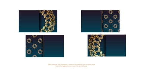 Gradient blue business card template with Greek gold ornaments for your contacts.