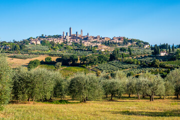 Fototapeta na wymiar Colorful skyline of little ancient town of San Gimignano, Tuscany, along via Francigena