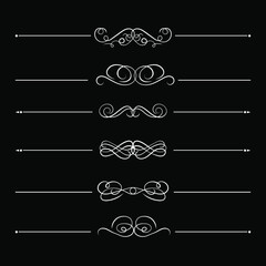 Vector collection of calligraphy style vinatge divider lines, white design elements isolated on black background, vintage style, flourish decorative lines.