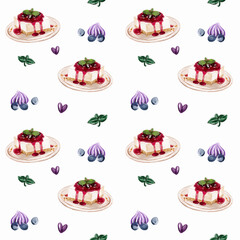 Watercolor seamless pattern. Hand drawn vintage background with sweet cheescakes, hearts and mint leaves. Vector design texture