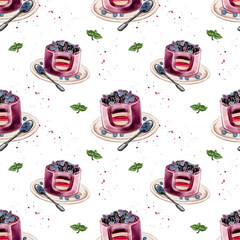 Watercolor seamless pattern. Hand drawn vintage background with sweet Cakes and mint leaves. Vector design texture