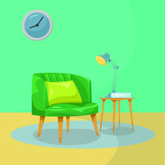 Interior Design of living room with armchair, wood table and desk lamp vector illustration