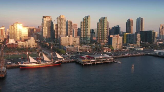 Aerial: Downtown San Diego waterfront at sunset. California, USA