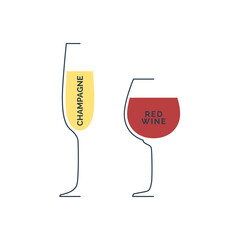 Champagne and red wine glass in minimalist linear style. Contour of glassware on left side in form of fine black line. Drink is depicted in form of shape with colored fill. Isolated image.