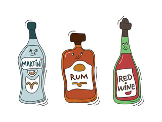 Martini, rum and red wine with smile on white background. Cartoon sketch graphic design. Doodle style with black contour line. Cute hand drawn bottle. Party drinks concept. Freehand drawing style