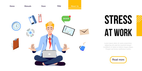 Stress management landing page design. Businessman meditates in the office, balancing work and life responsibilities. Healthy lifestyle and Balanced work management web page vector design.