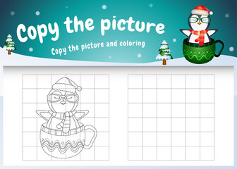 copy the picture kids game and coloring page with a cute penguin on the cup