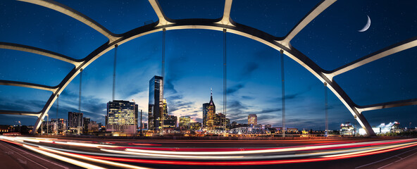 Nashville skyline during blue hour with river front