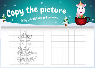 copy the picture kids game and coloring page with a cute unicorn on the cup