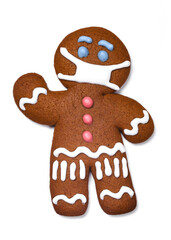 Classic gingerbread cookie man with medical mask isolated on white background