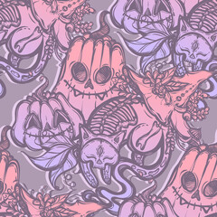 Fototapeta premium Halloween vector composition with mystical cat skeleton, pumpkins and witch hat, background light purple, seamless pattern, t-shirt design