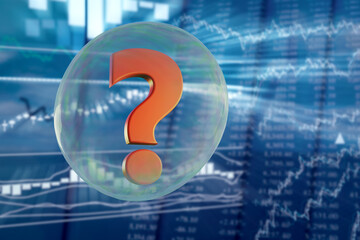 Soap bubble with a question mark on blurred background of stock quotes. Waiting for an economic bubble on stock exchanges. 3d illustration