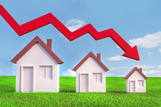 Three houses in green meadow and decreasing red arrow against blue sky. Falling housing development sector concept. 3D illustration