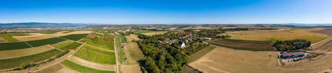 Fototapeta na wymiar Panorama from a bird's eye view of the village Laurenziberg / Germany in Rhienhessen 
