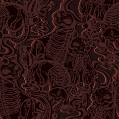 Halloween vector composition with different mystical cats skeleton, candies. Adult coloring book page, t-shirt design, background dark, seamless pattern