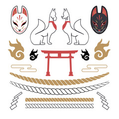 稲荷神社のおいなりさんの狐、狐面、狐火、標縄、紙垂のセット